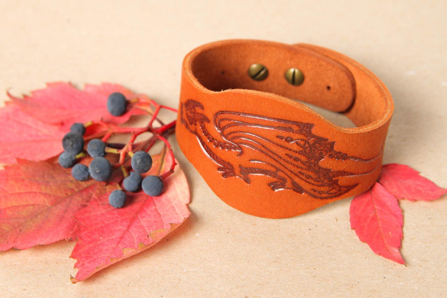 Unusual handmade wrist bracelet embossed leather bracelet handmade gifts photo 1