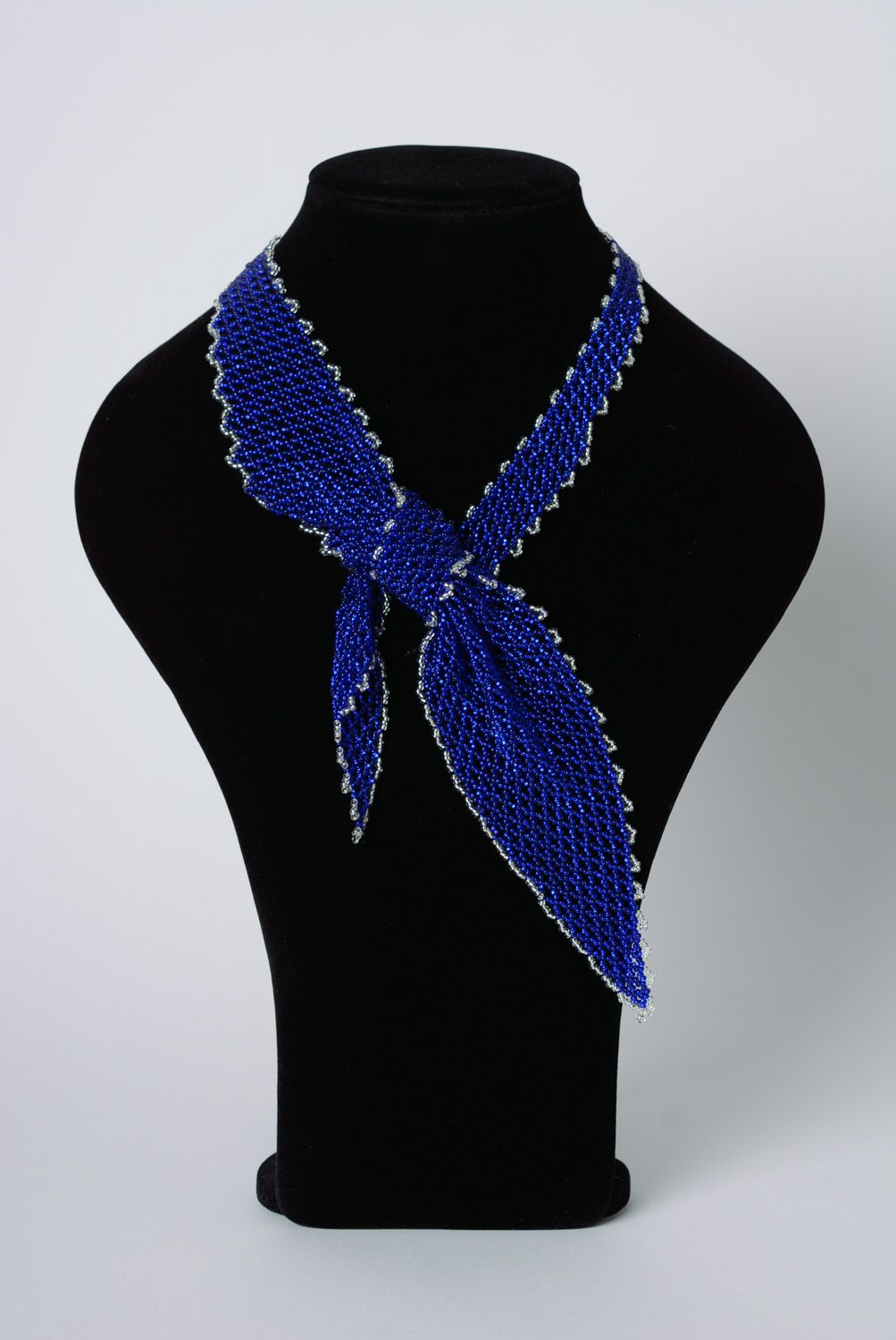Unusual festive blue woven beaded necklace in the shape of tie photo 2