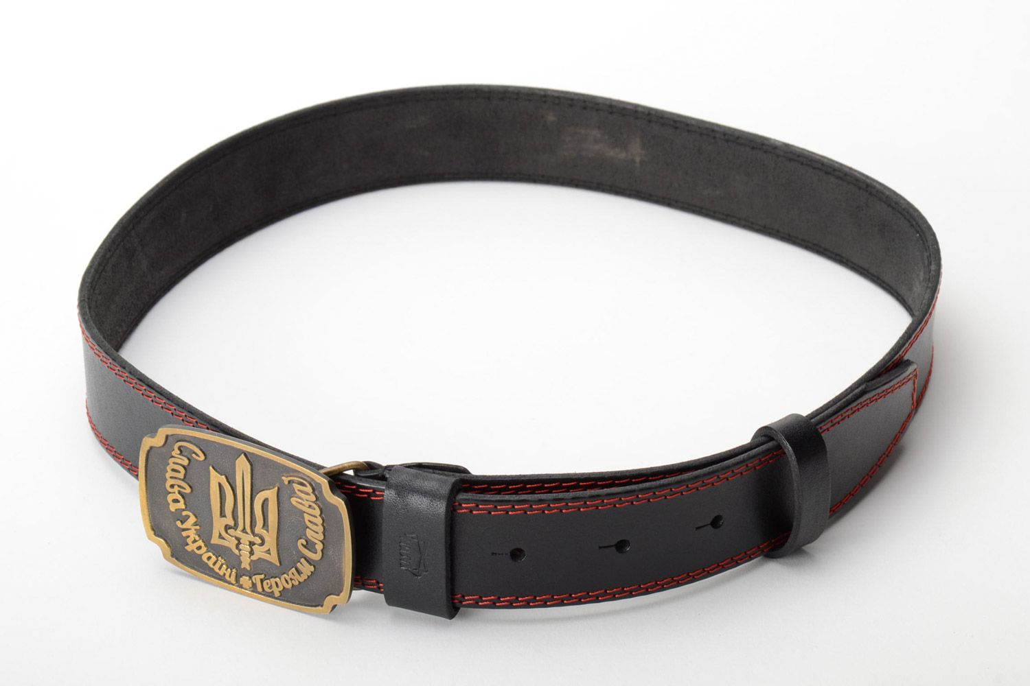 Handmade stamped genuine leather belt with brass buckle photo 4
