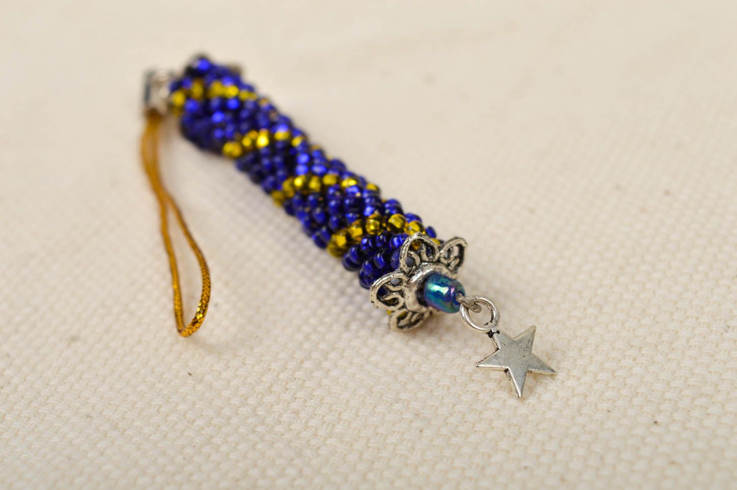 Handmade beaded keychain blue and yellow keychain unique accessory stylish gift photo 1