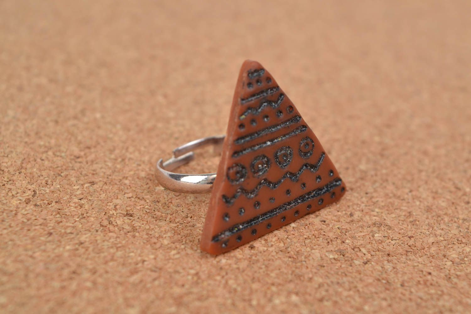Handmade polymer clay triangular ring painted with acrylics stylish accessory photo 1