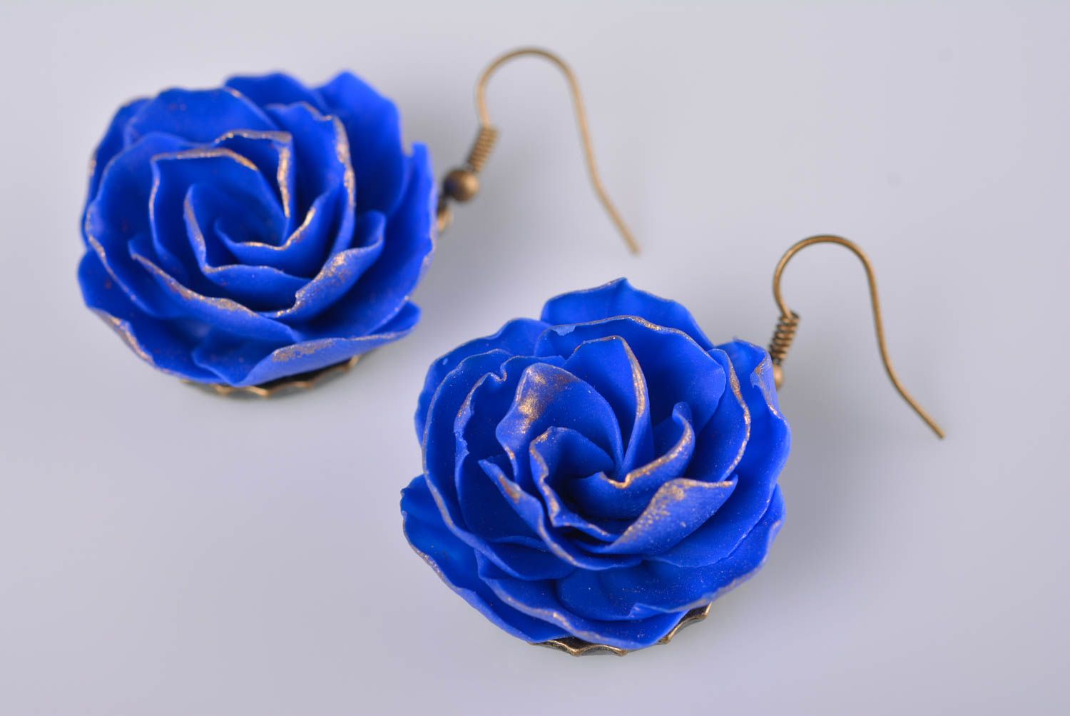 Handmade designer polymer clay bright blue flower earrings with hook ear wires photo 5
