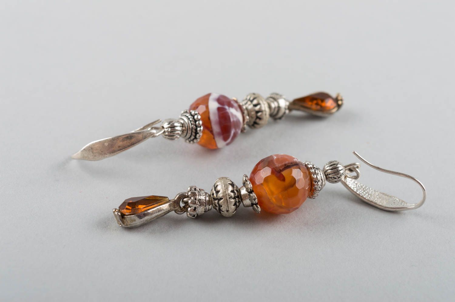 Unusual stylish handmade brass earrings with dangle agate stone beads photo 4