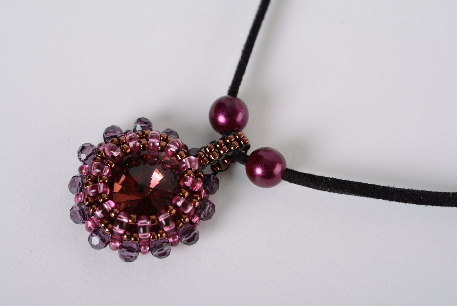 Beautiful elegant handmade woven Czech bead pendant with suede cord photo 1