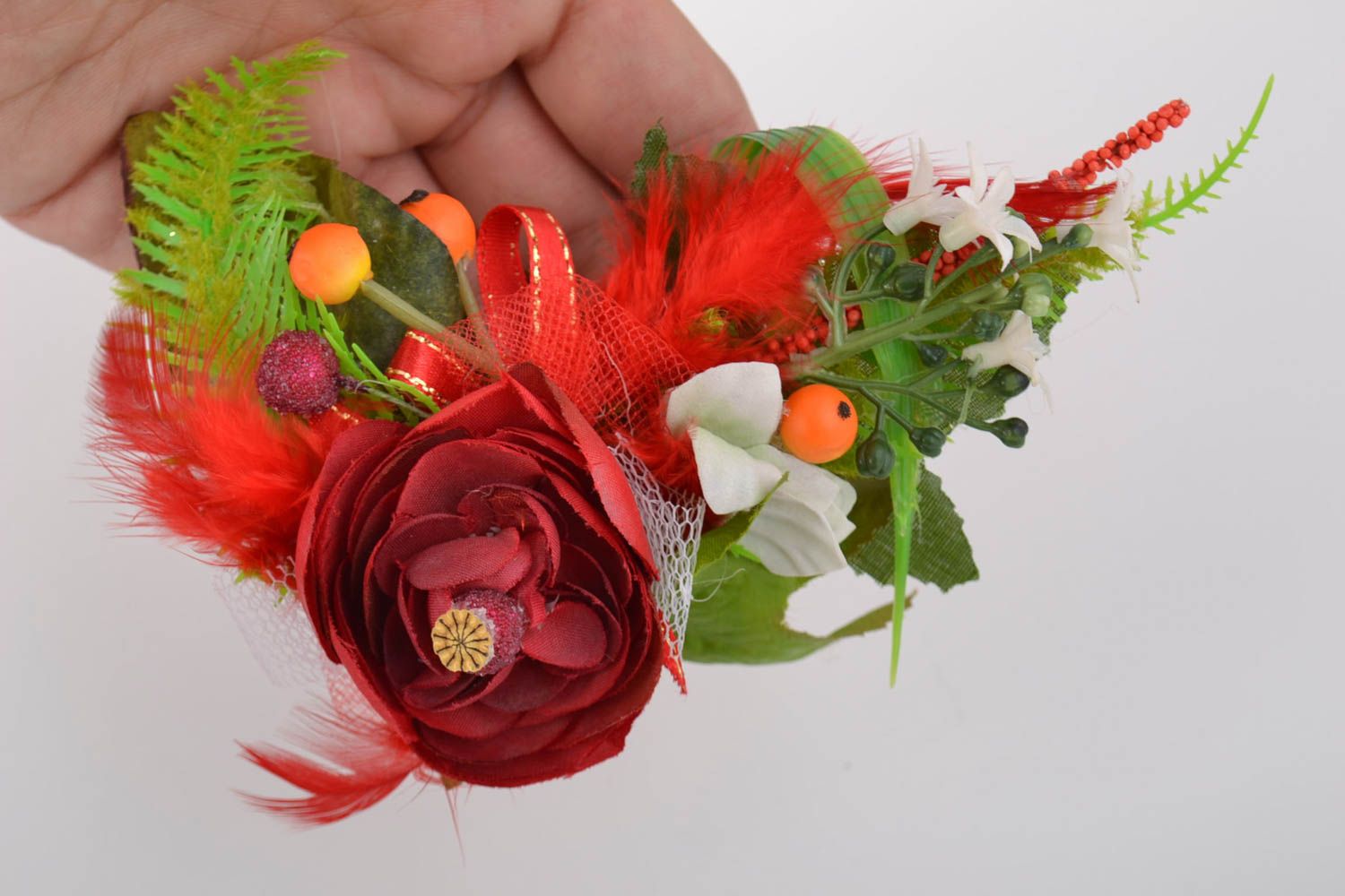 Fleurs artificielles pour barrette ou broche faites main fourniture rouge photo 3