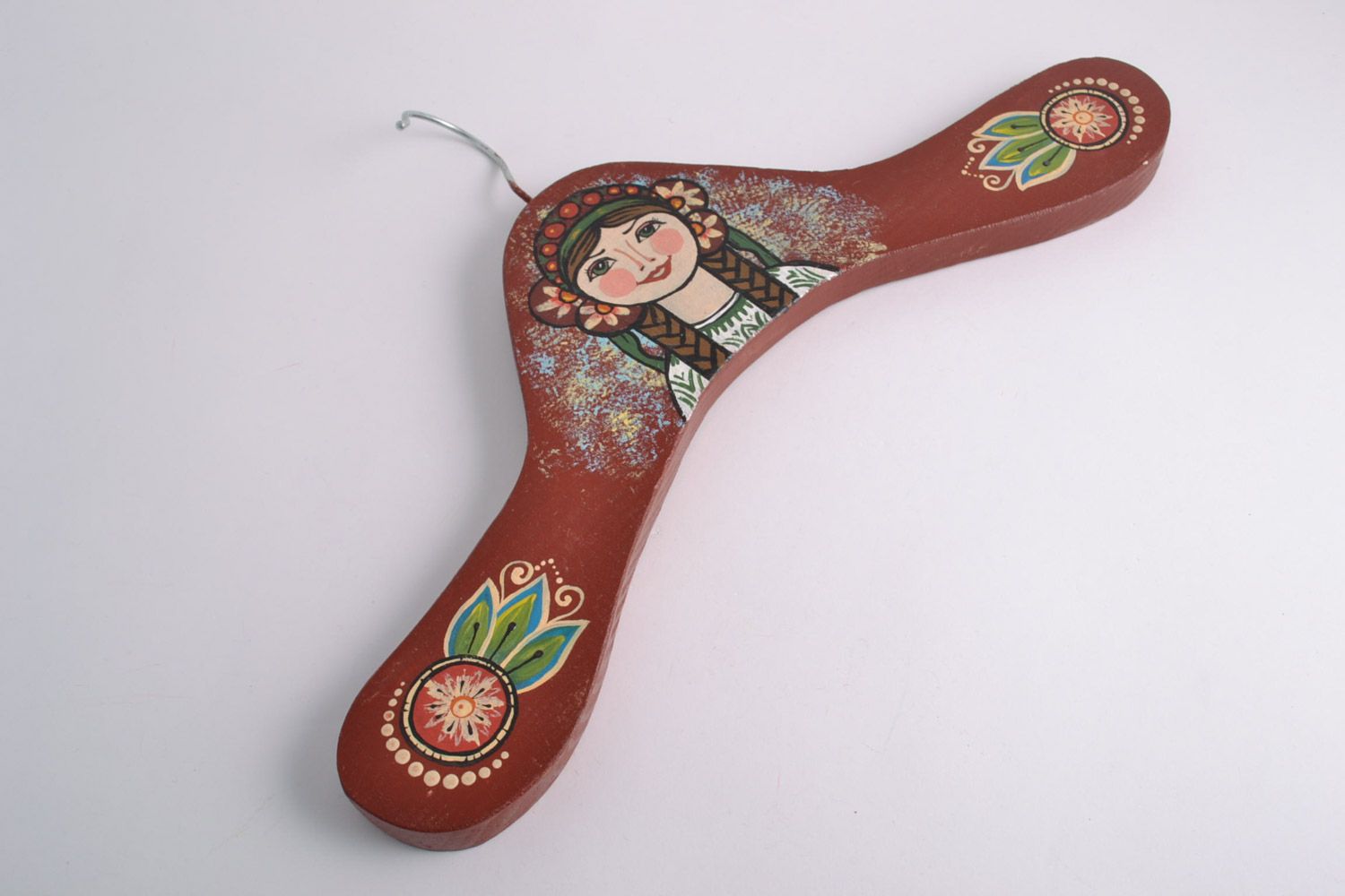 Handmade decorative wooden clothes hanger with girl and floral acrylic painting photo 3
