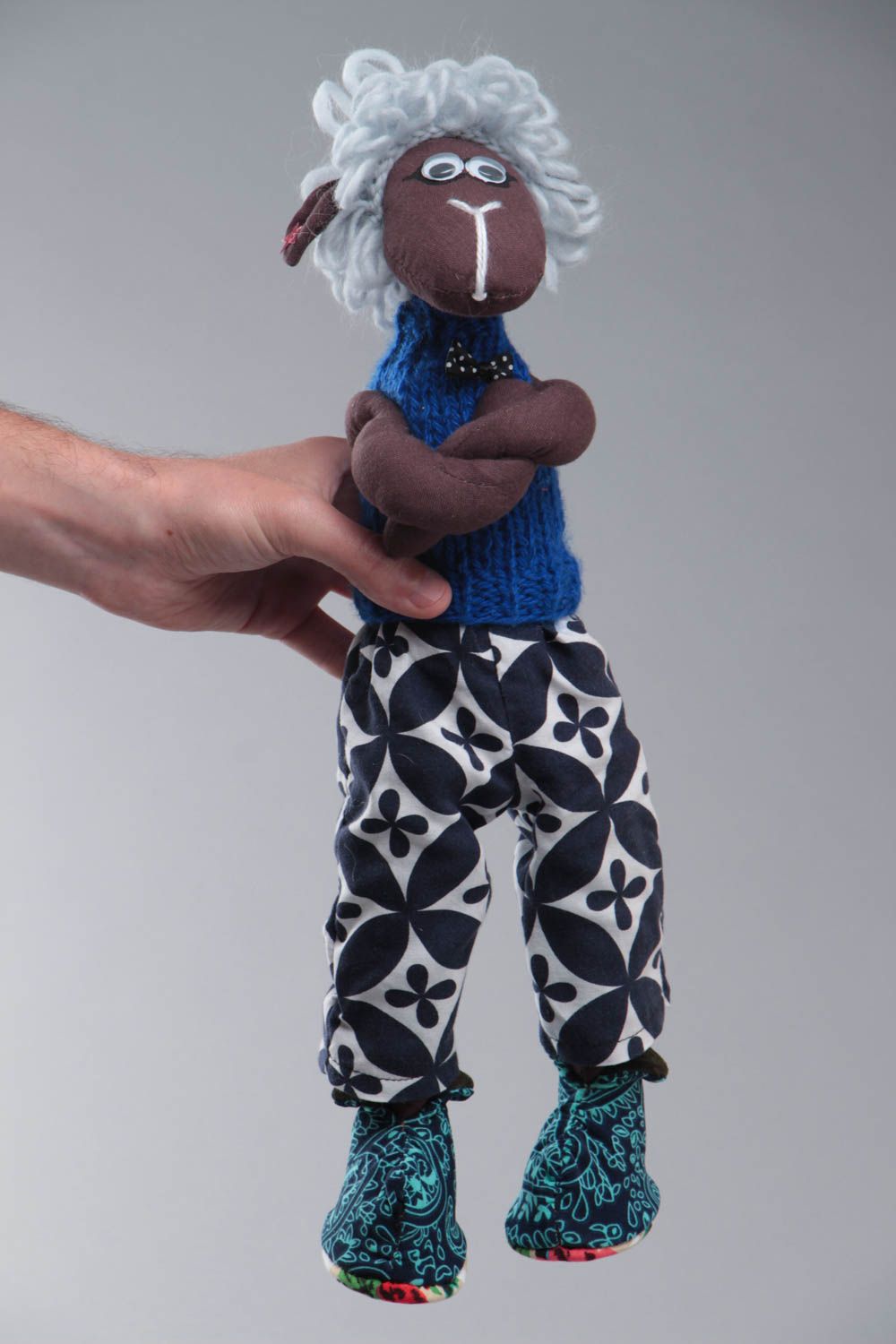 Handmade designer soft toy sewn of colorful cotton and jersey fabrics Lamb photo 5