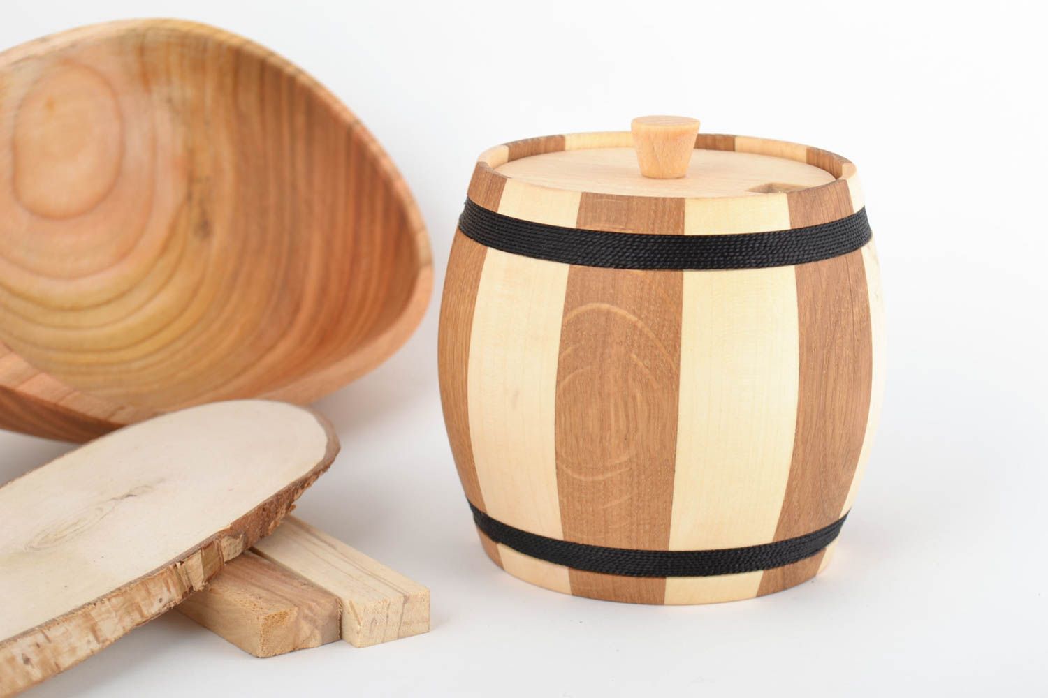 Handmade natural eco wooden sugar bowl in the shape of striped barrel 300 ml photo 1