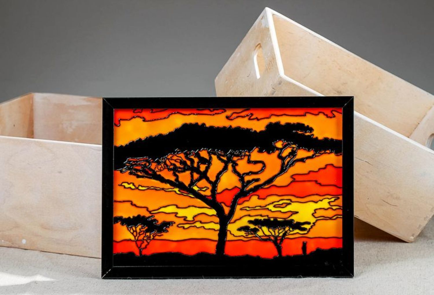 Stained glass picture in wooden frame Savanna photo 1