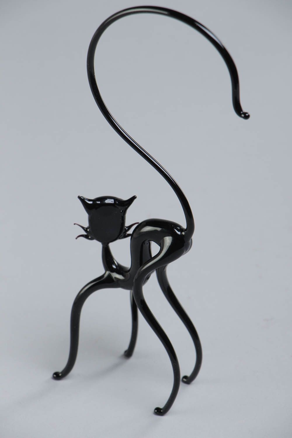 Handmade collectible miniature animal figurine of black cat lampwork glass photo 4