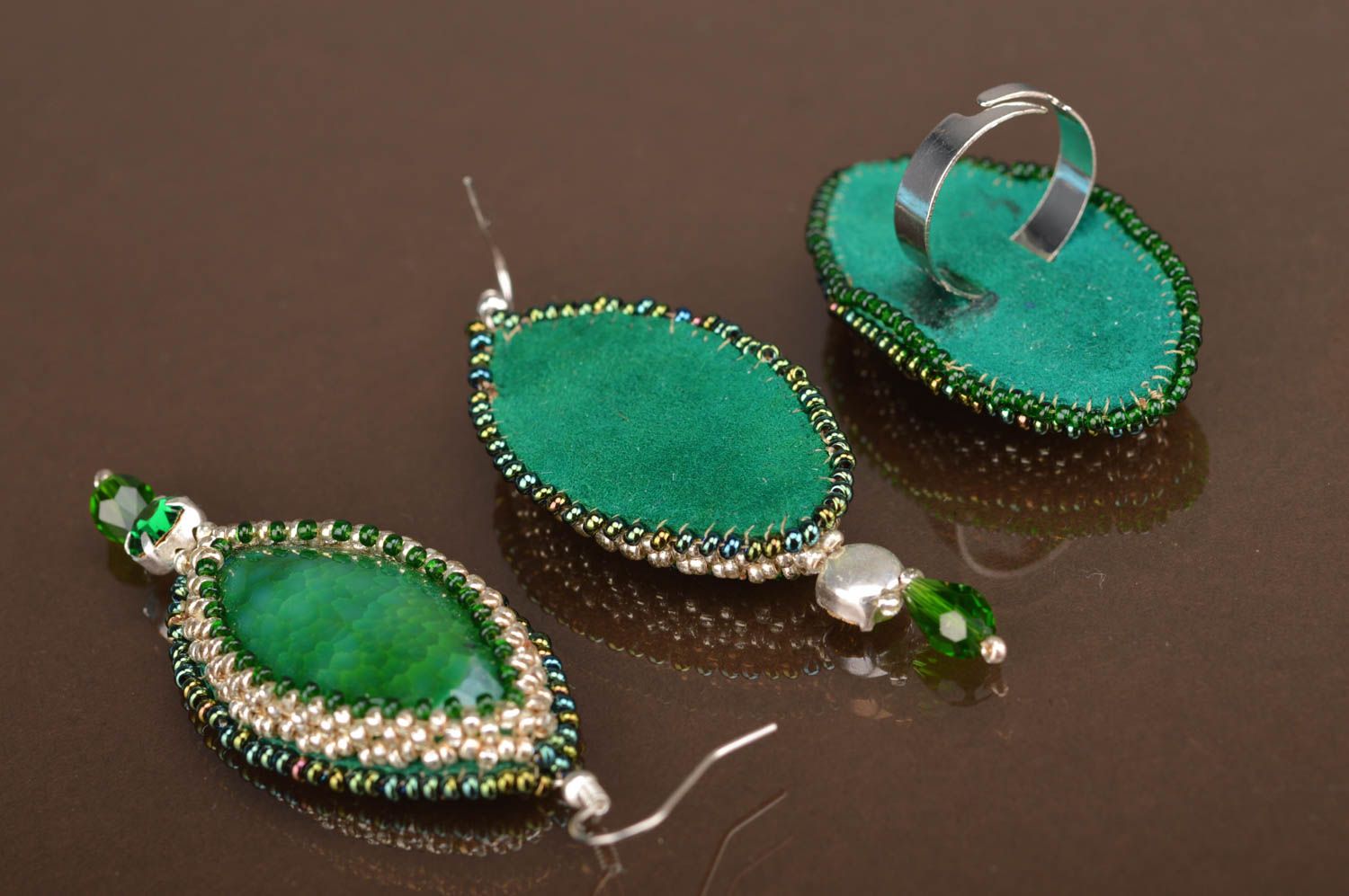 Glasperlen Schmuck Set mit Naturstein Achat handmade Ohrringe und Ring für Damen foto 3