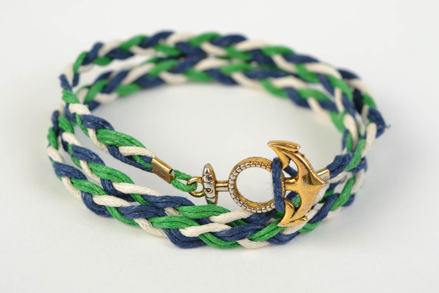 Handmade woven waxed cord bracelet with metal insert in the shape of anchor photo 3