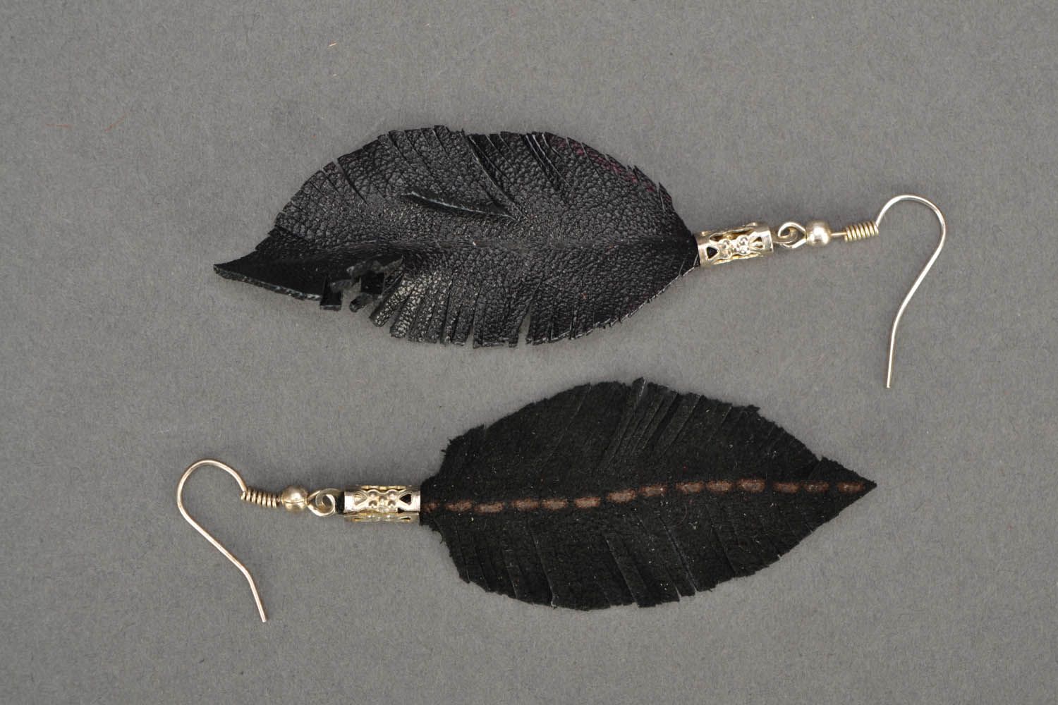 Black leather earrings Feathers photo 4