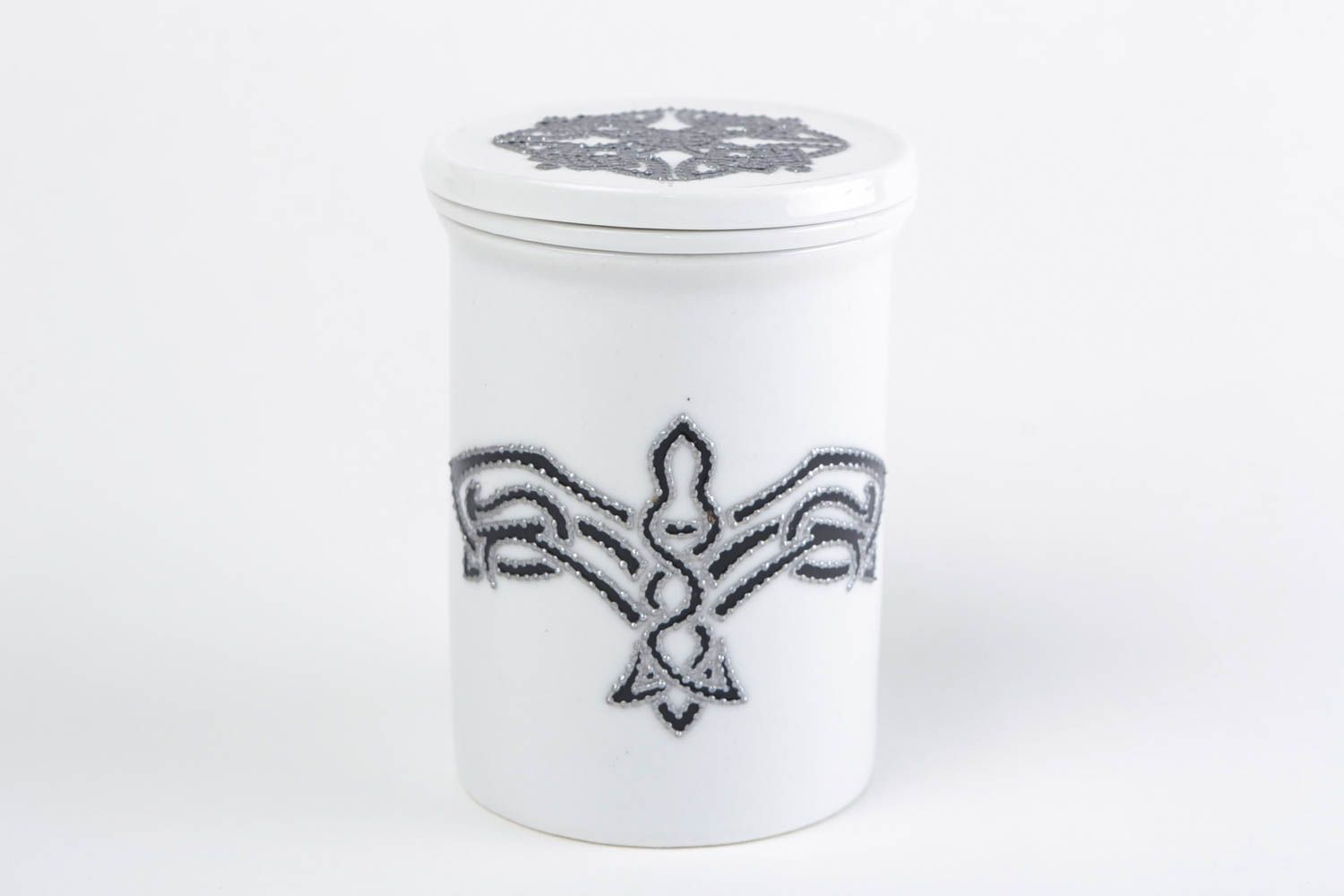 Белая глиняная чашка с крышкой и заварником с росписью акрилом ручной работы фото 5