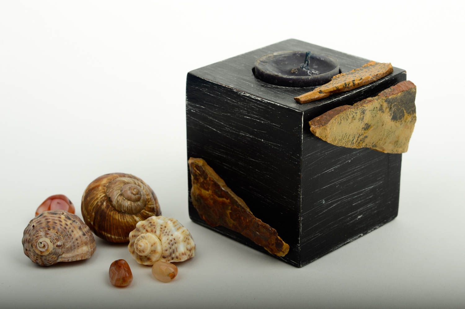 Portavelas artesanal elemento decorativo de madera negro regalo original foto 1