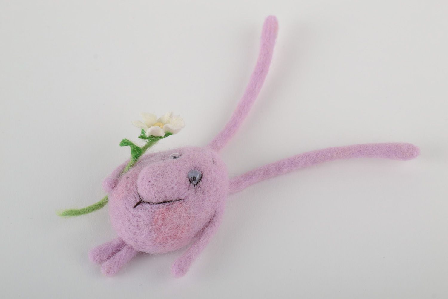 Handmade decorative fridge magnet felted of natural wool lilac rabbit with flower photo 2