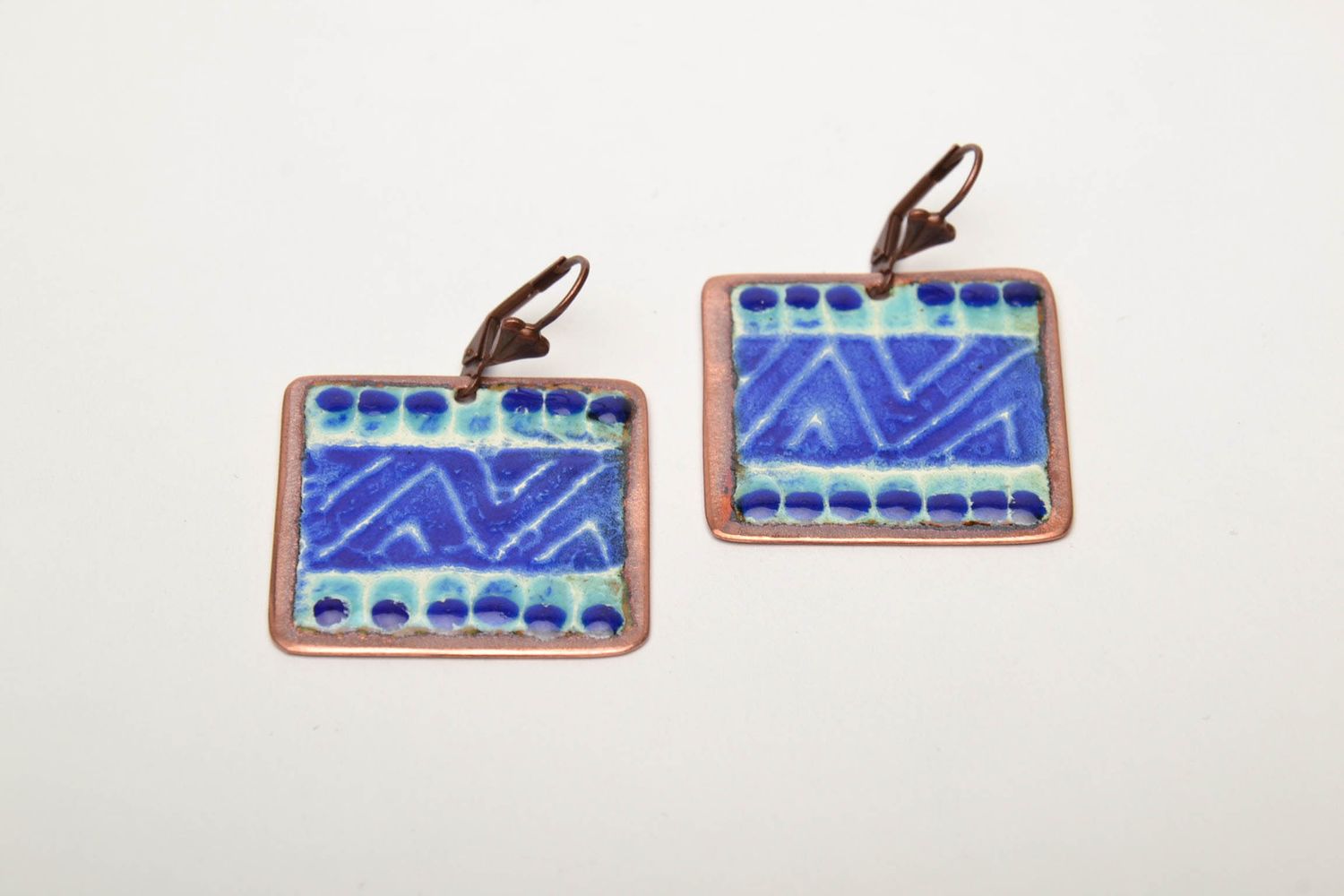 Square copper earrings of blue color photo 3