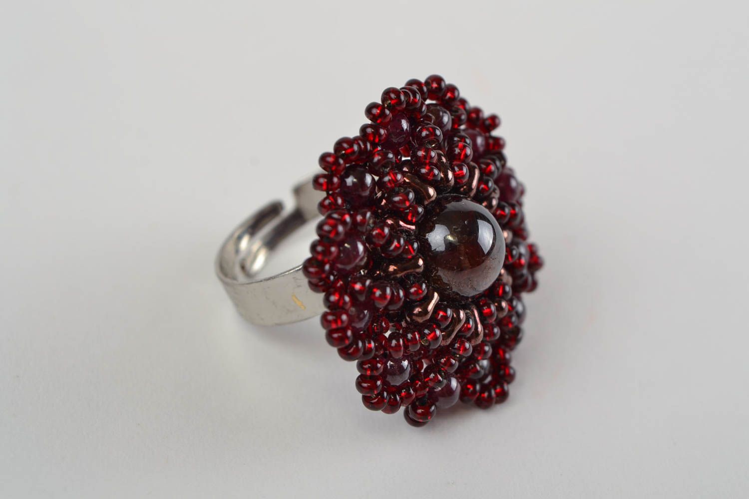 Beaded dark handmade flower ring with adjustable size designer evening accessory photo 4