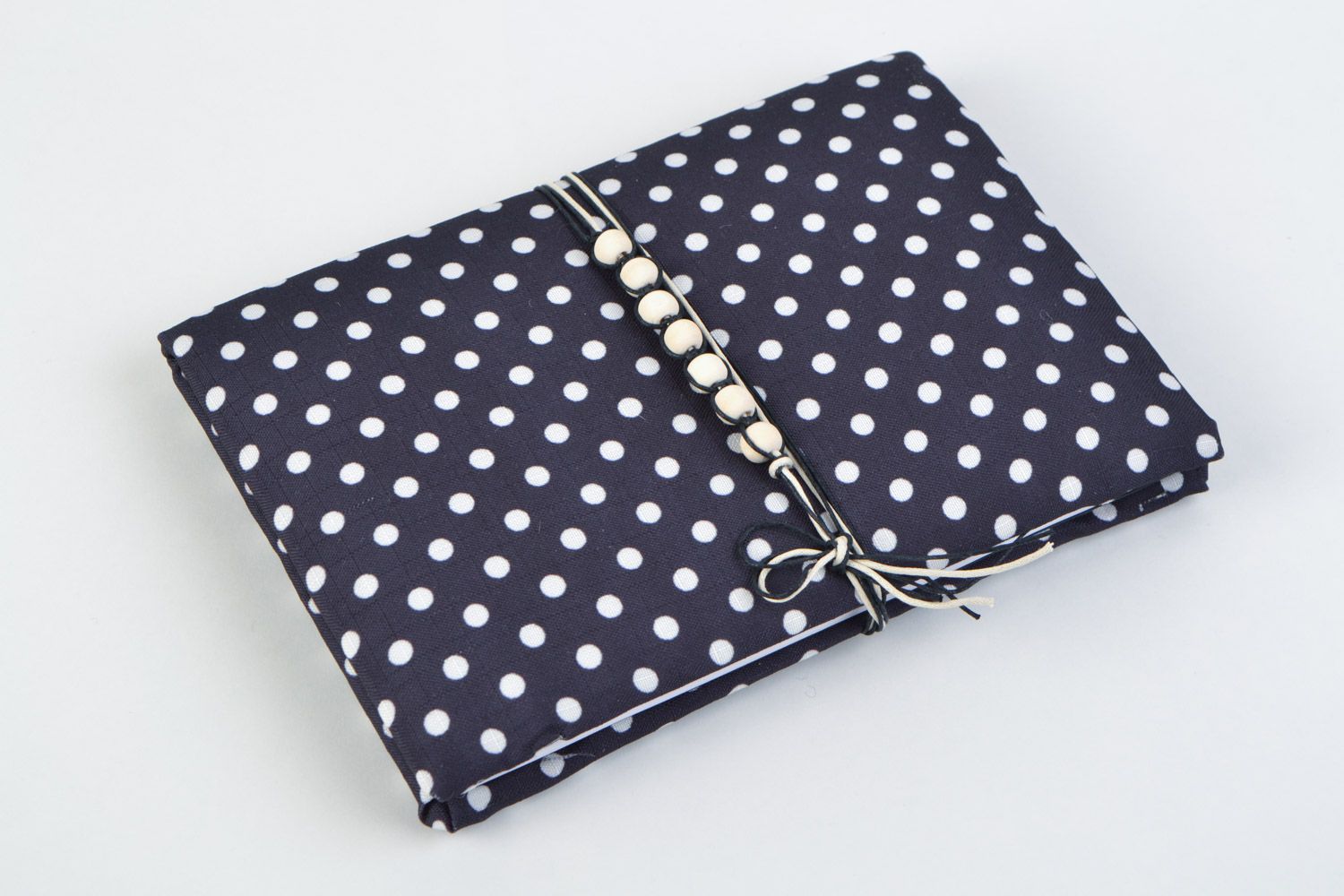 Handmade notebook with black and white polka dot cover and ties for 60 pages photo 1
