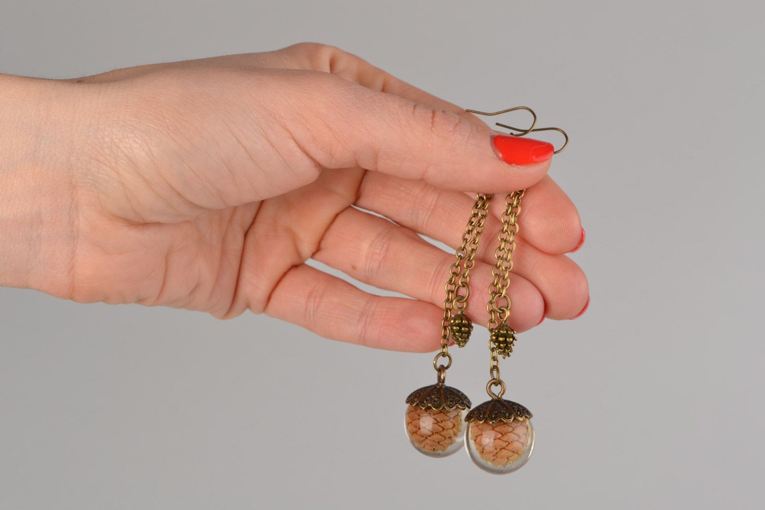Beautiful brown handmade dangle earrings with cones coated with epoxy photo 2
