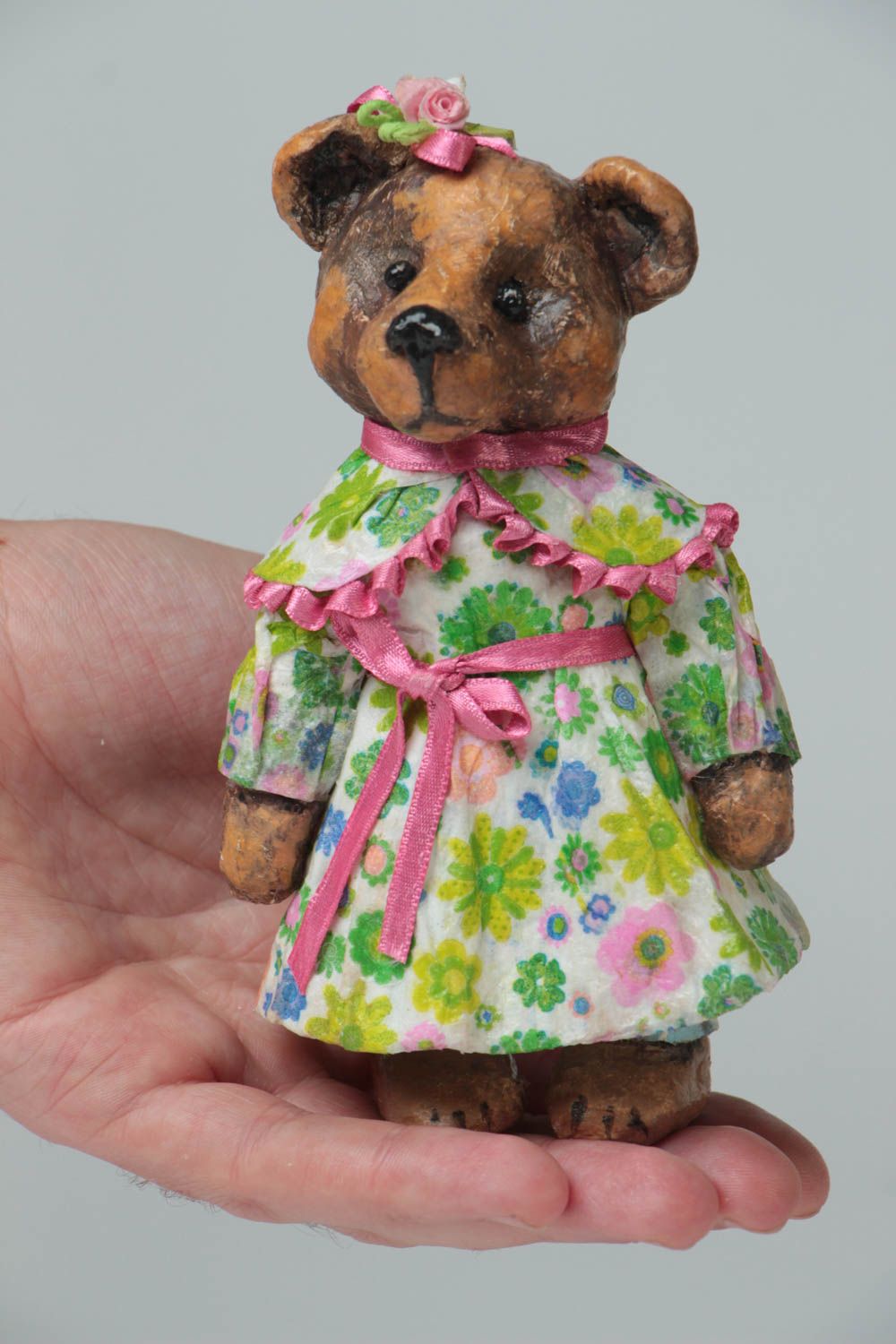 Handmade small painted paper mache figurine of bear girl in floral dress photo 5