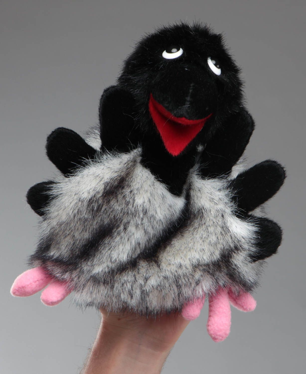 Handmade soft toy glove puppet sewn of black and gray faux fur Crow for kids photo 5
