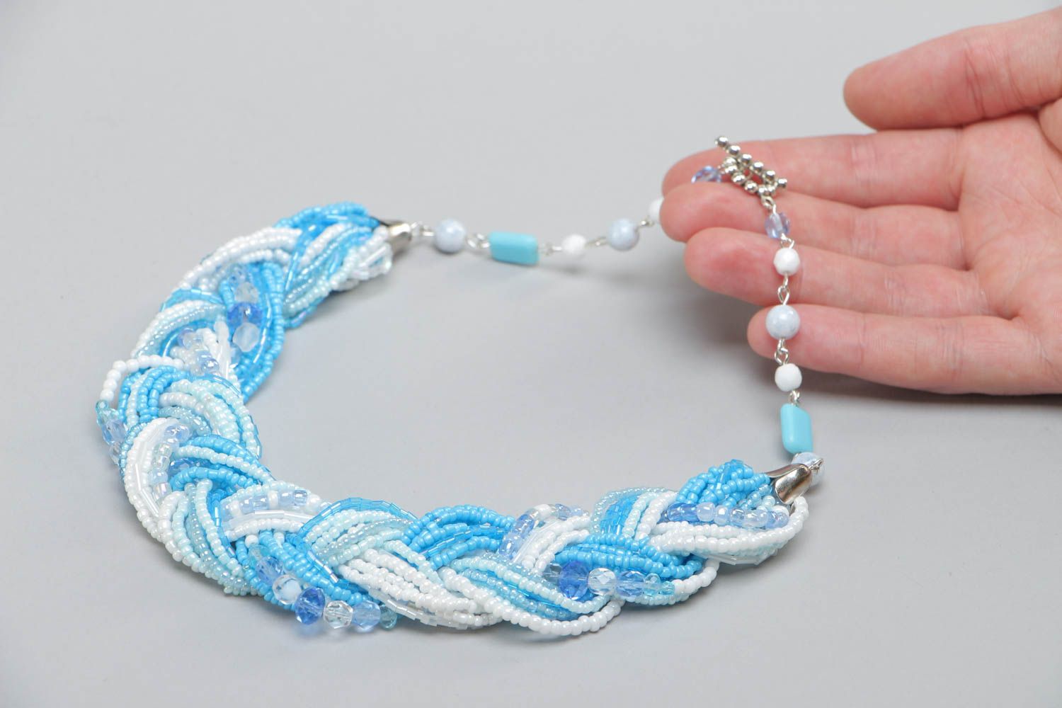 Handmade volume designer necklace woven of blue and white beads for women photo 5