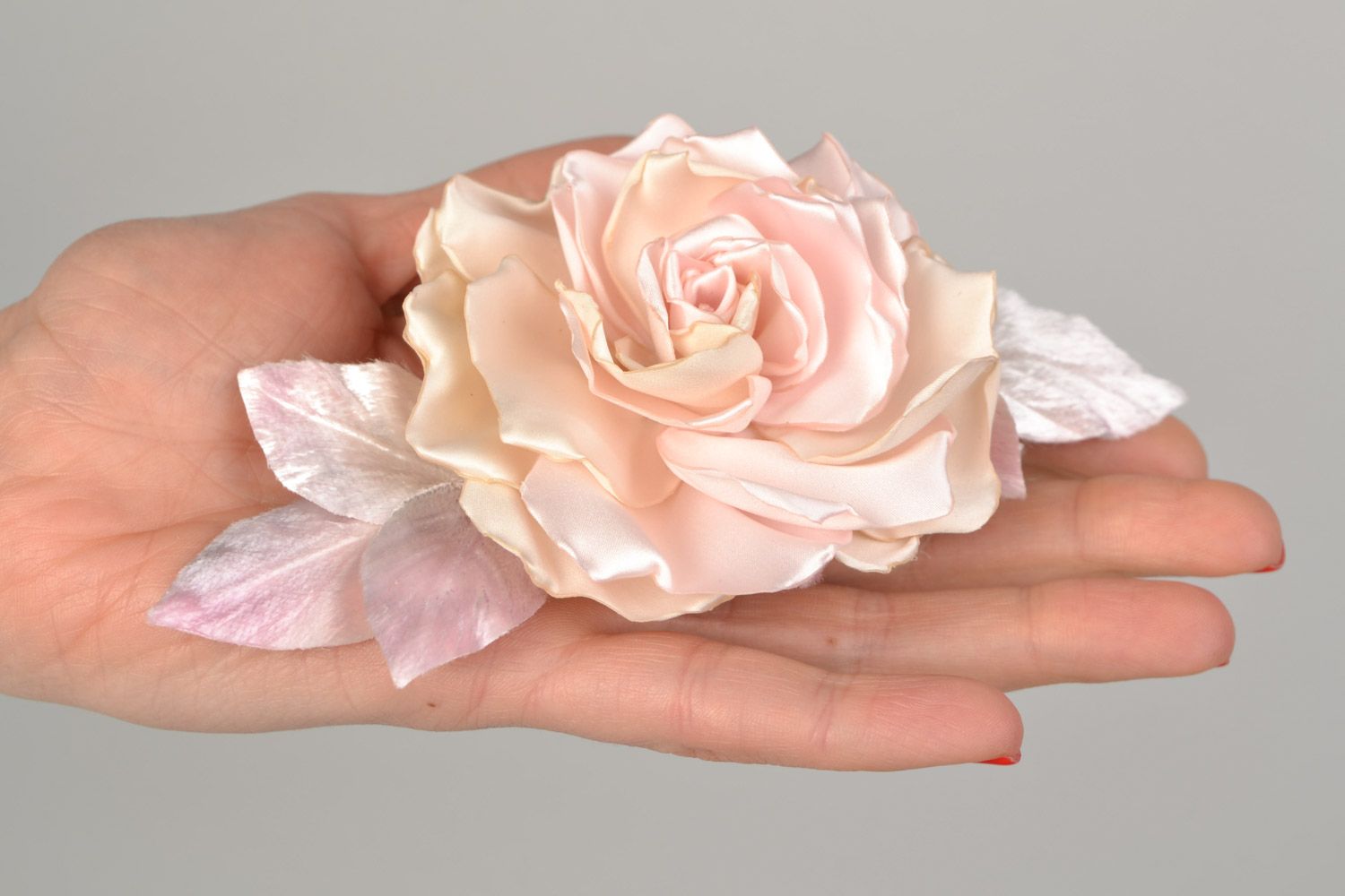 Unusual beautiful women's handmade fabric flower brooch of pastel color Rose photo 2