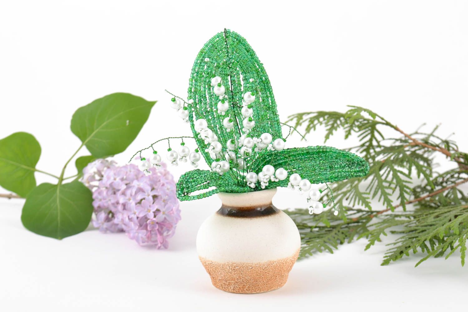 Handmade artificial beaded flowers in small pot Snowdrops for interior decor photo 1
