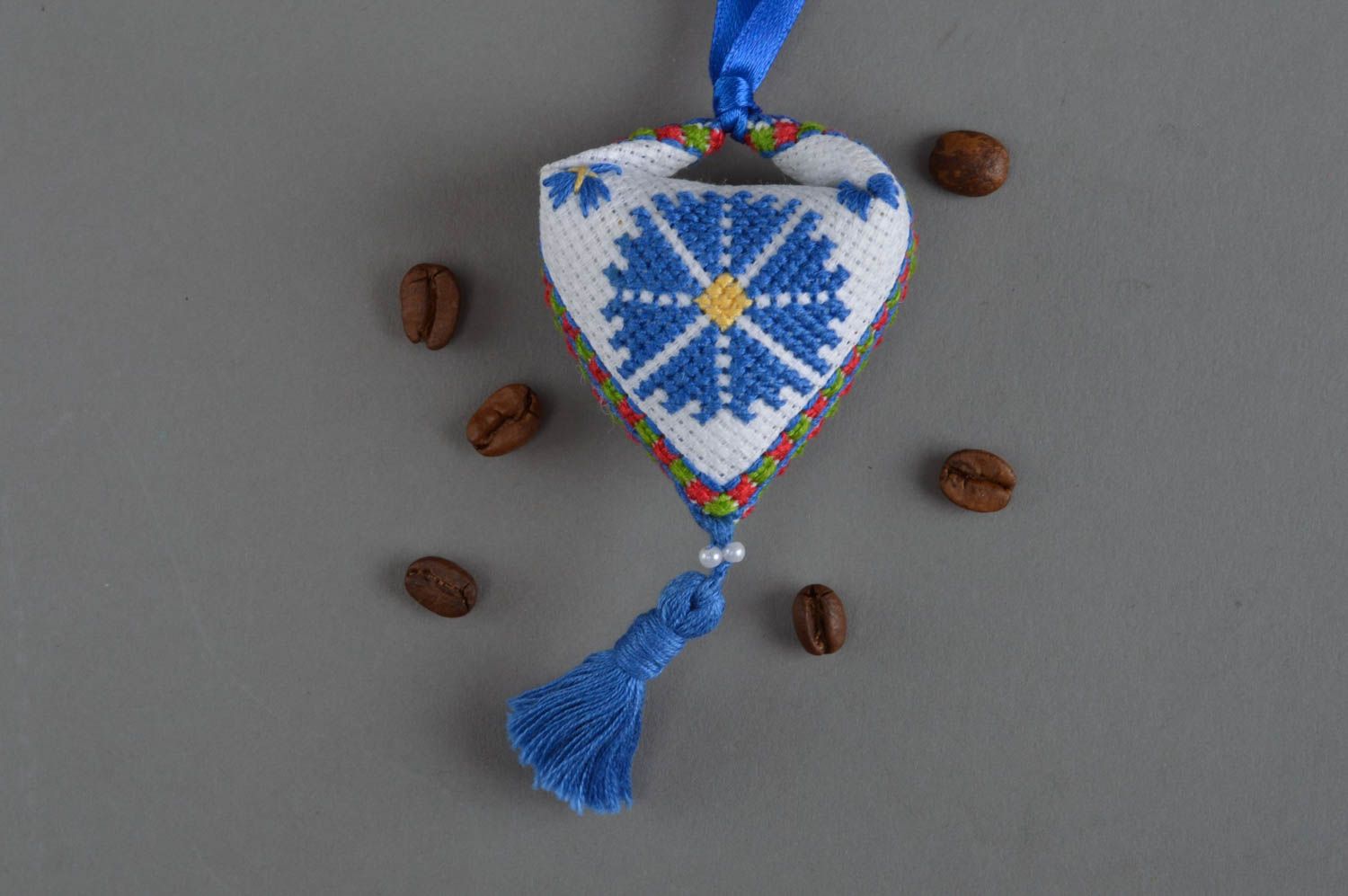 Beautiful handmade keychain unusual embroidered pendant stylish accessory photo 1