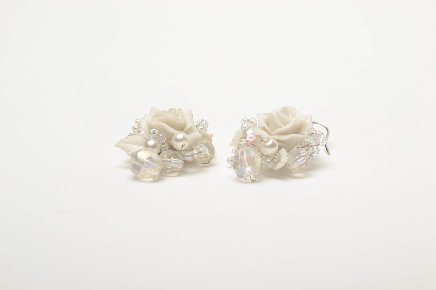 Polymer clay flower earrings with beads White Roses photo 3