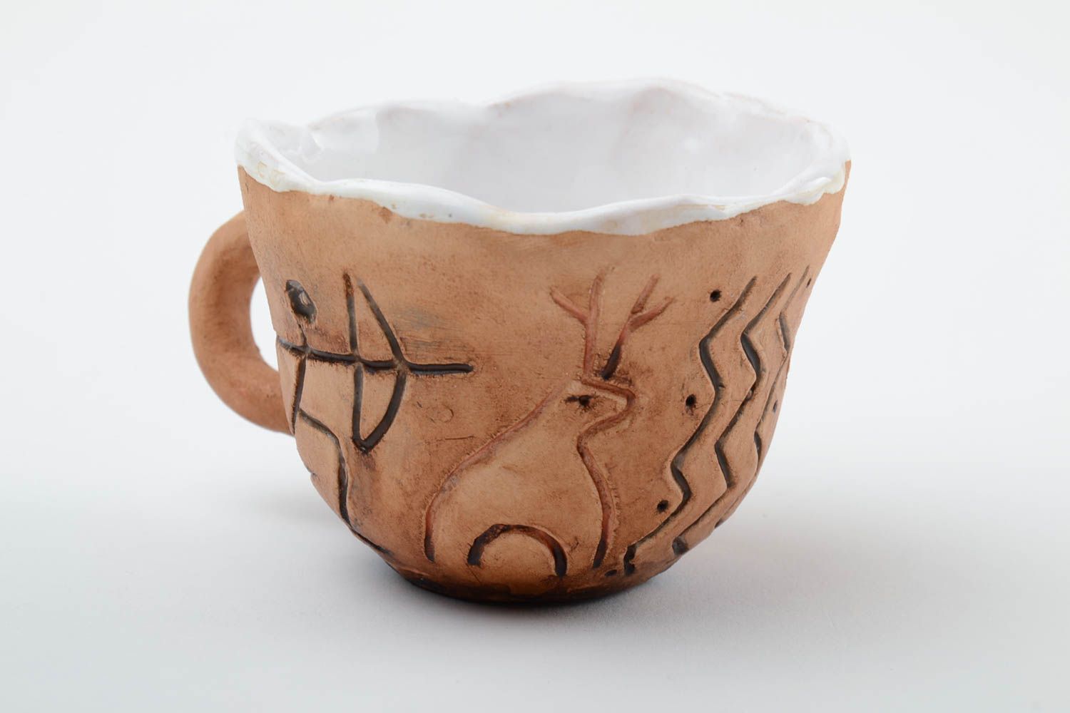 10 oz clay glazed coffee cup with white glaze inside with handle and ancient time pattern 0,43 lb photo 4