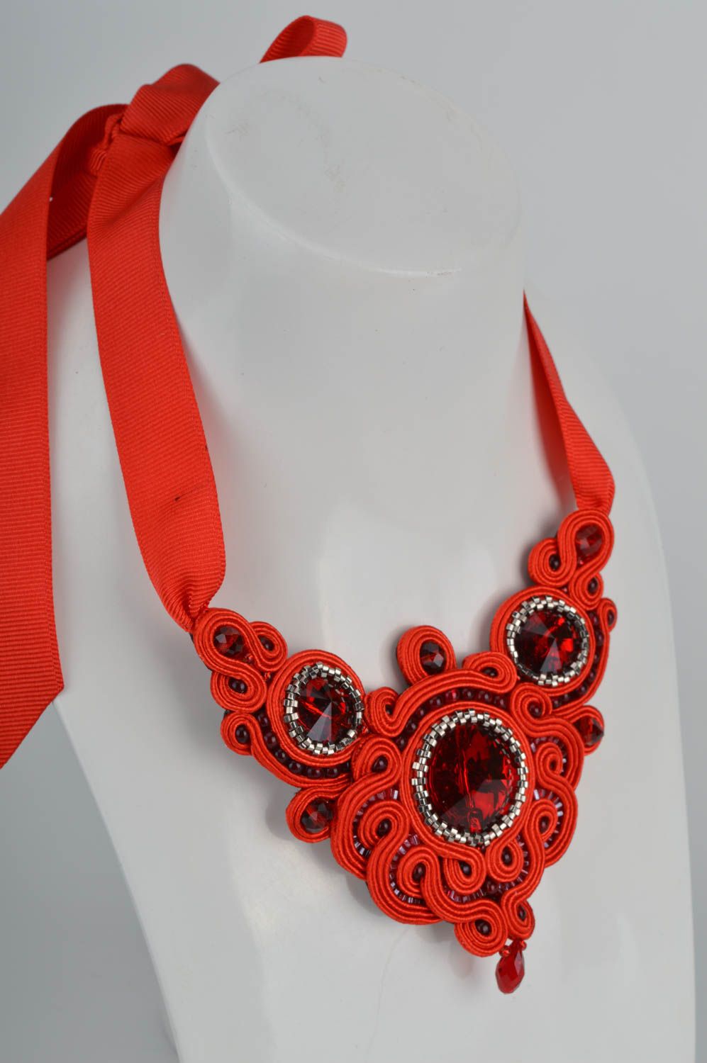 Beautiful handcrafted soutache necklace with beads and natural stones photo 3