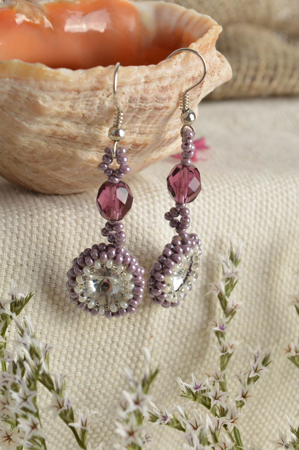 Tender violet dangle earrings with Czech and plastic beads and crystals handmade photo 1