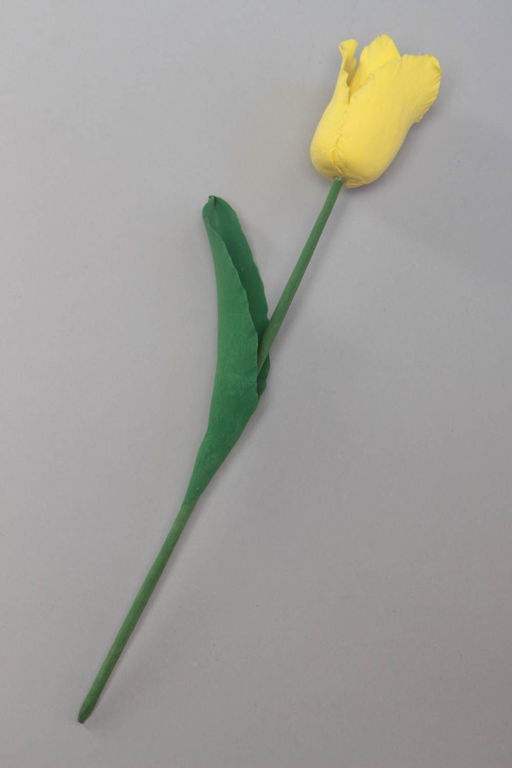 Decorative handmade Japanese polymer clay flower with stalk Yellow Tulip photo 4