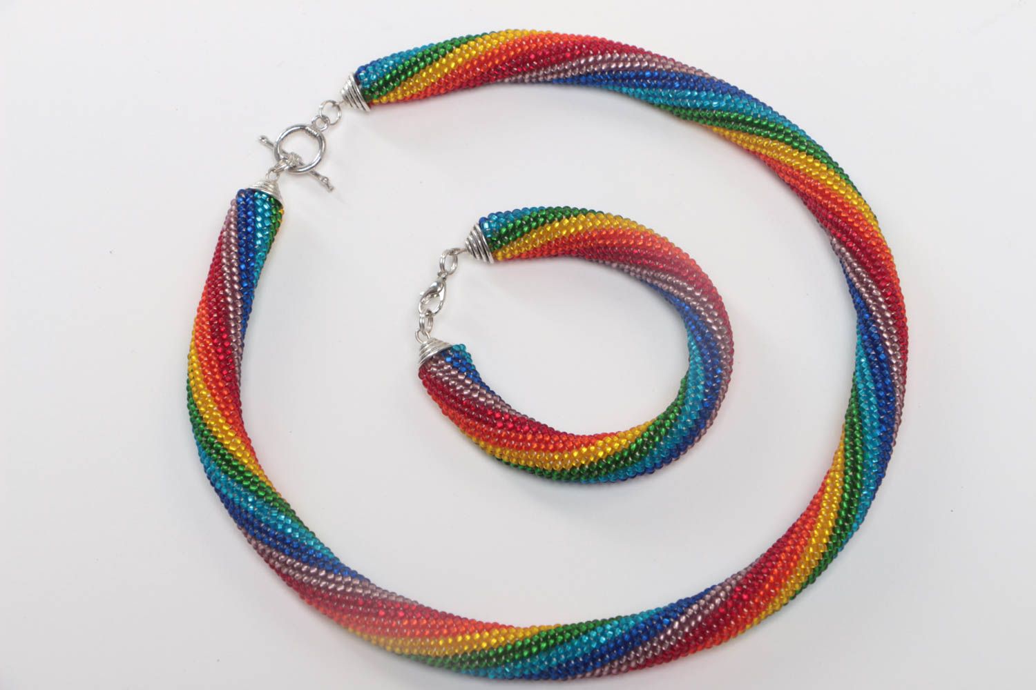 Handmade beaded cord jewelry set of rainbow coloring necklace and wrist bracelet photo 2