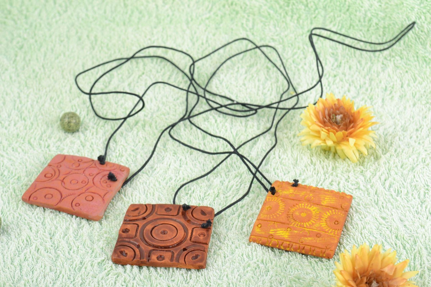 Handmade square shaped clay pendants set of 3 products of different colors photo 1