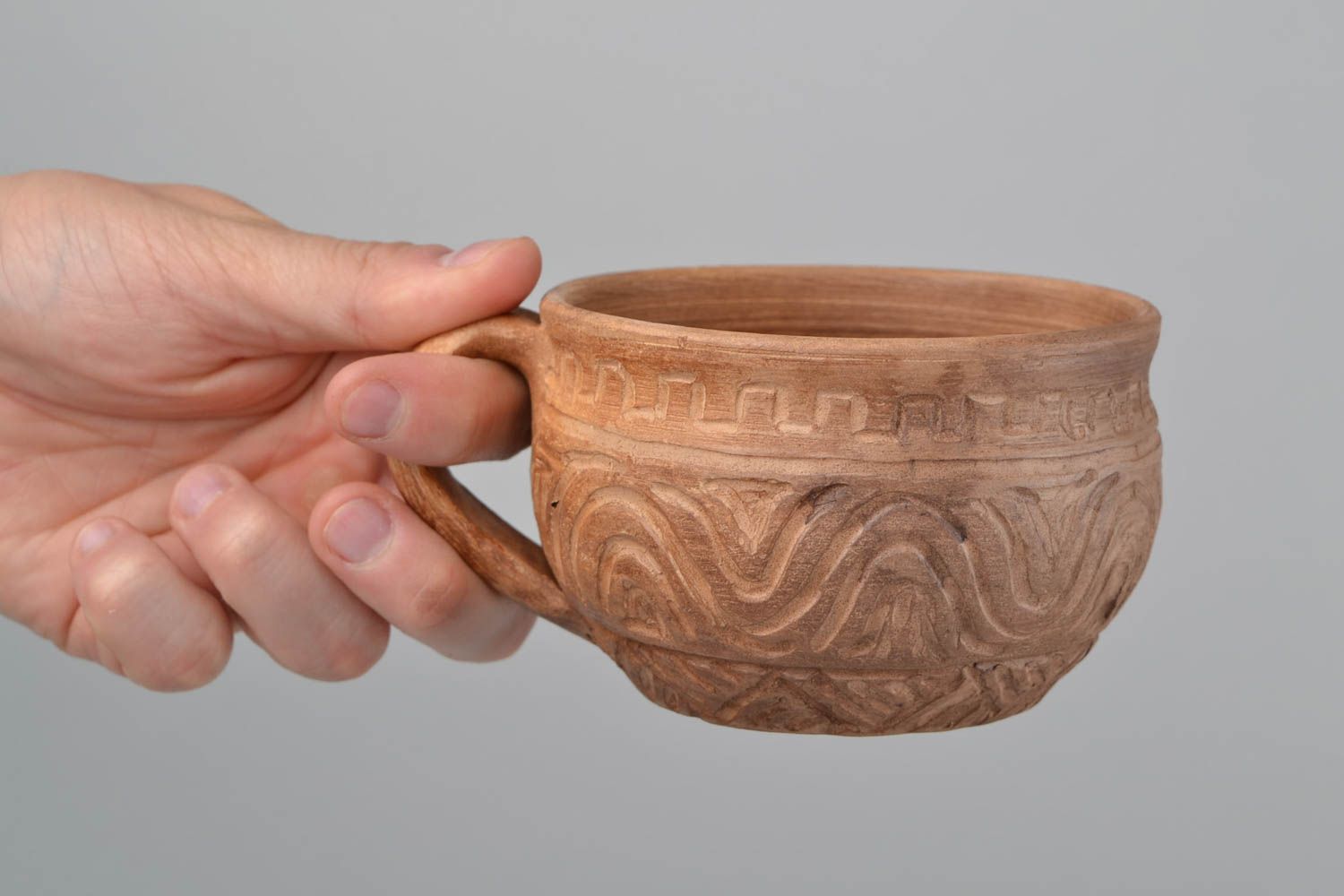 Handmade ceramic light brown coffee cup with Mayan patterns photo 2