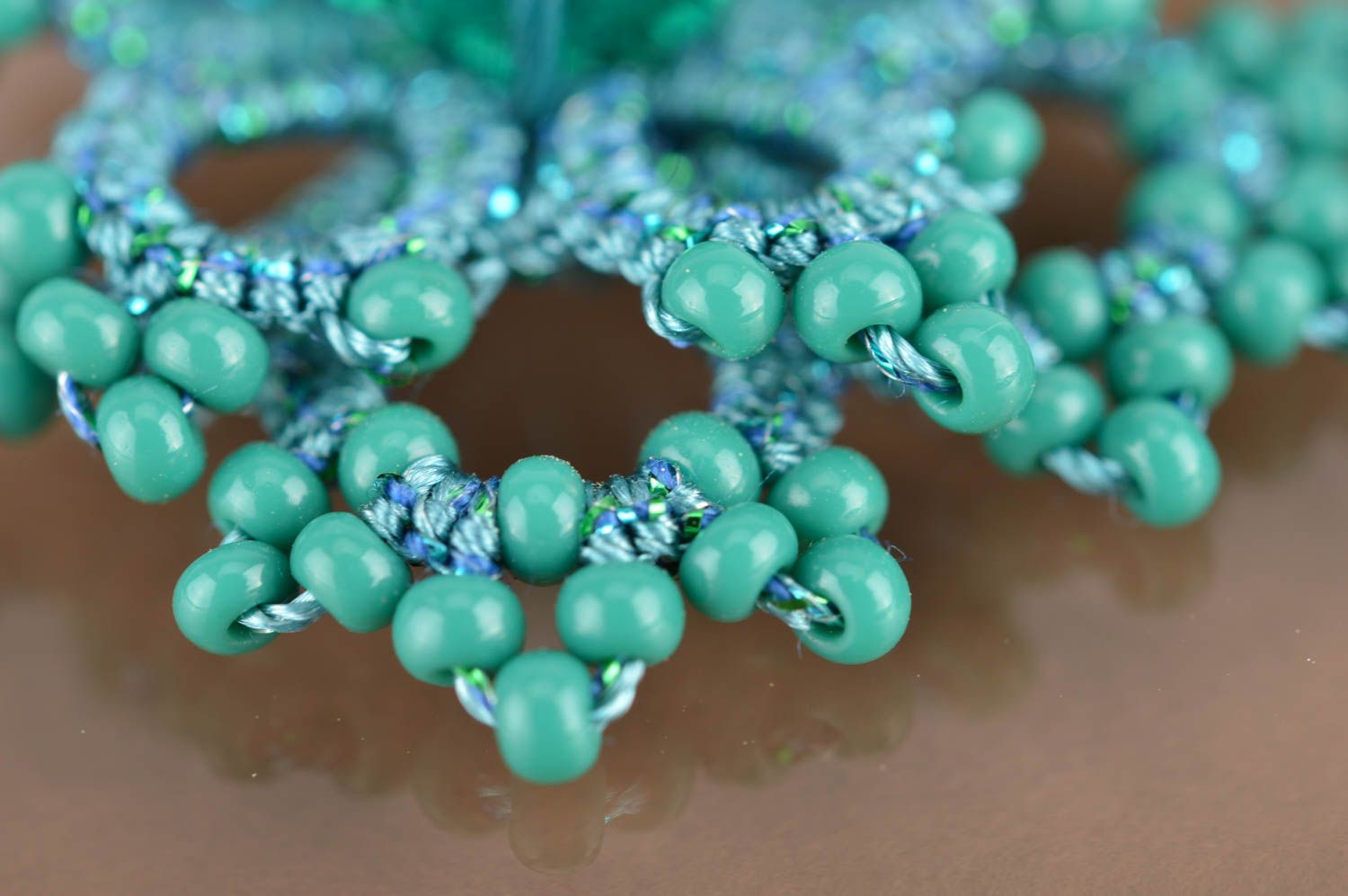 Beautiful green handmade designer tatted earrings with Czech beads Flower photo 4