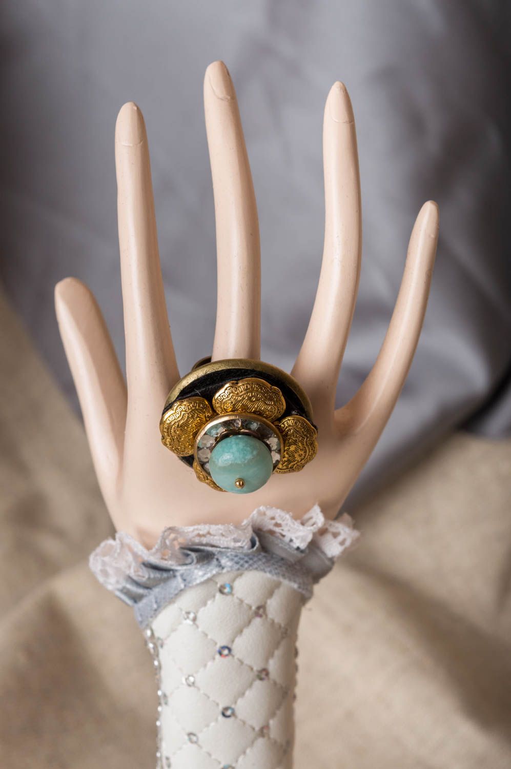 Handmade designer massive latten seal ring with natural jadeite stone for women photo 1