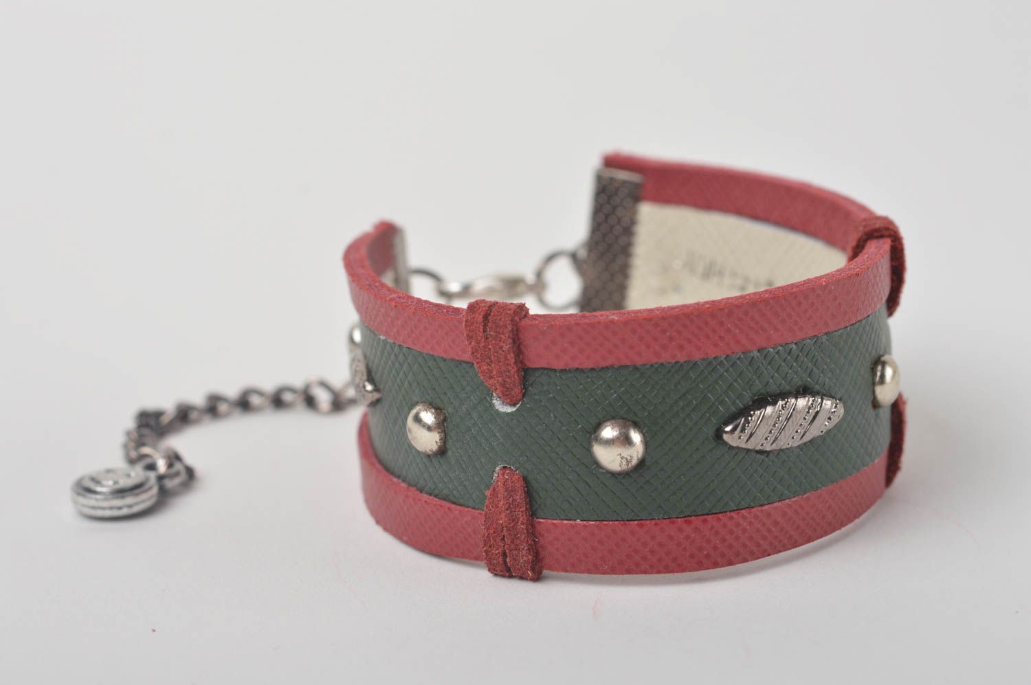 Bracelet large en cuir naturel Bijou fait main vert-rose Cadeau pour femme photo 2