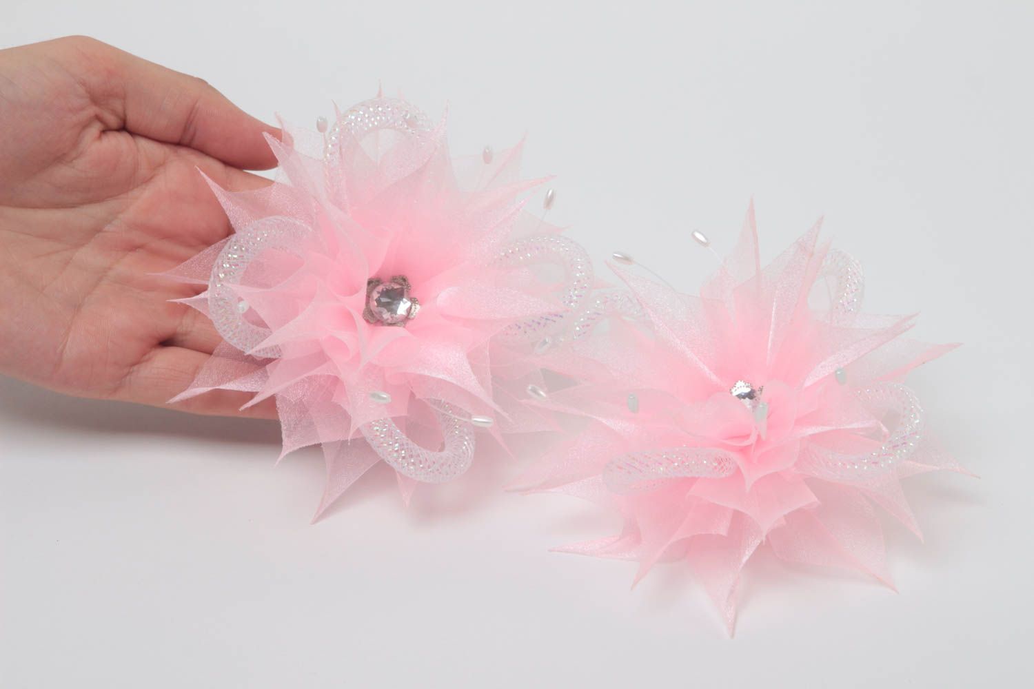 Резинки для волос в виде цветов комплект из 2 штук розовые ручной работы фото 5