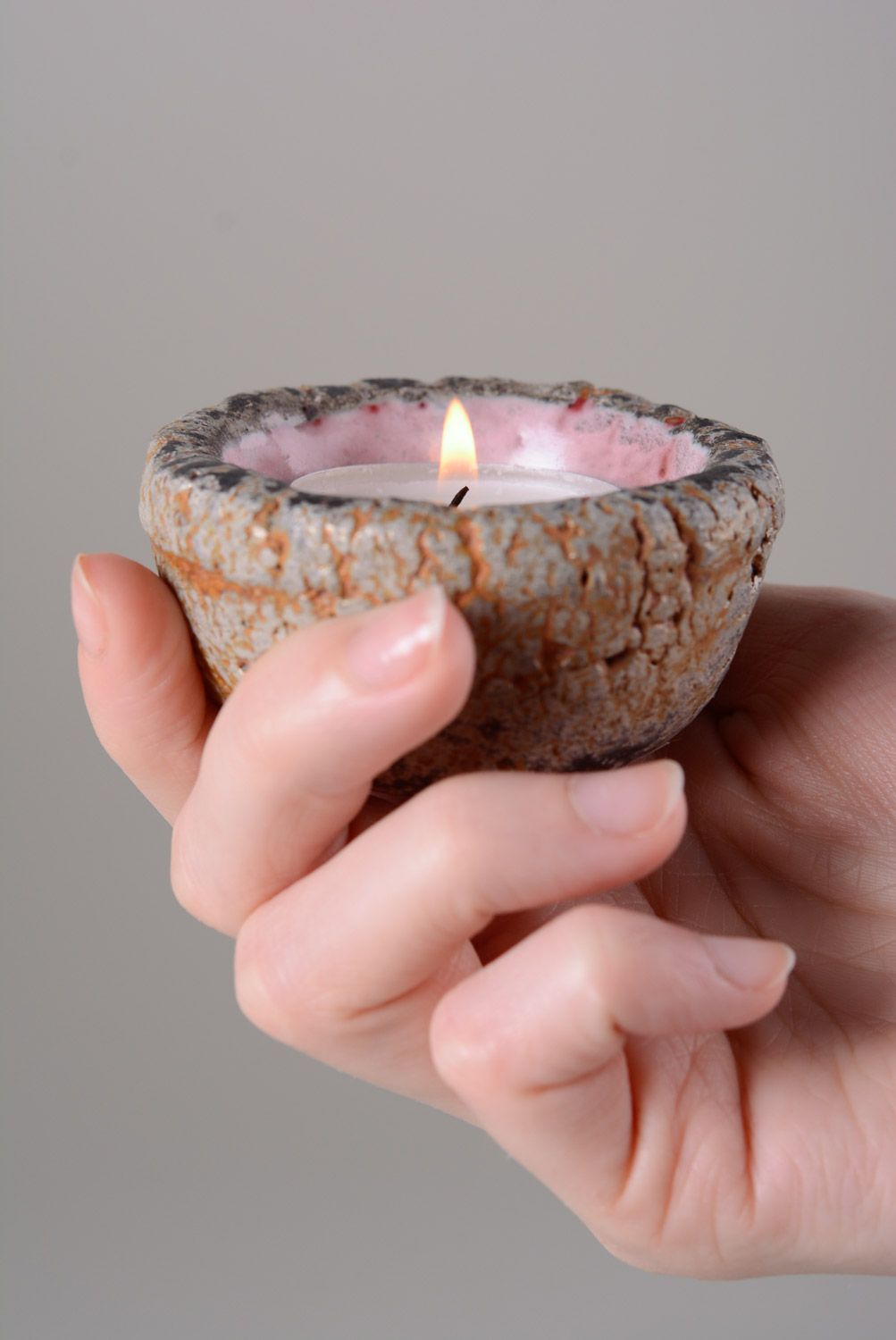 Small unusual handmade candle holder molded of clay for one tablet candle  photo 5