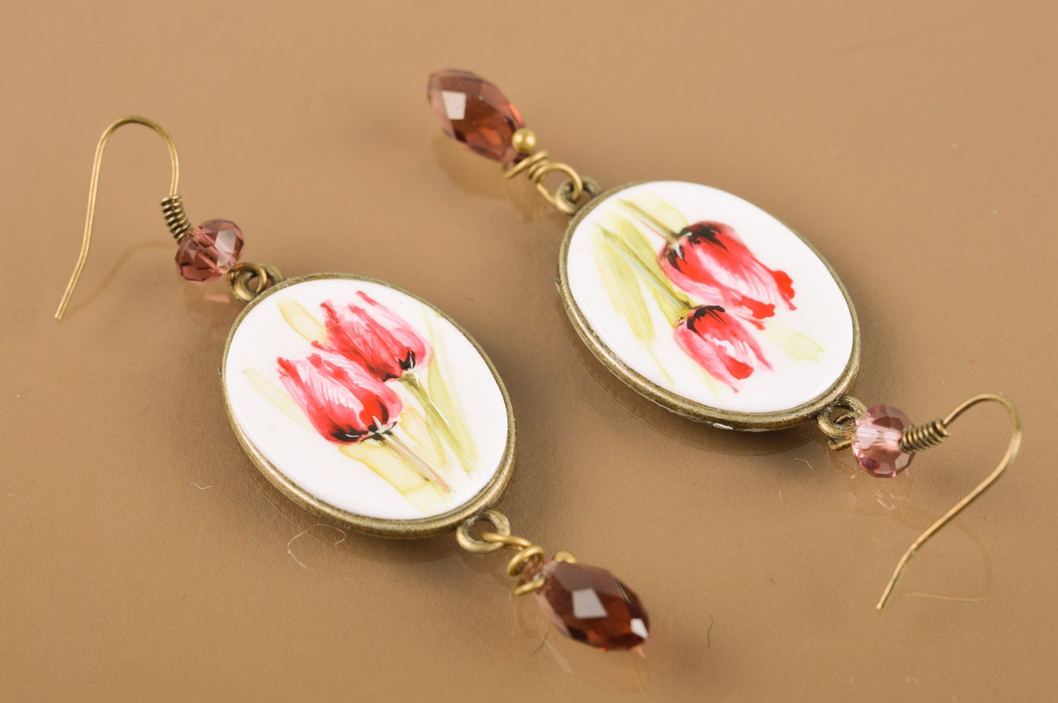 Handmade long metal earrings with tiny painting Tulips photo 5