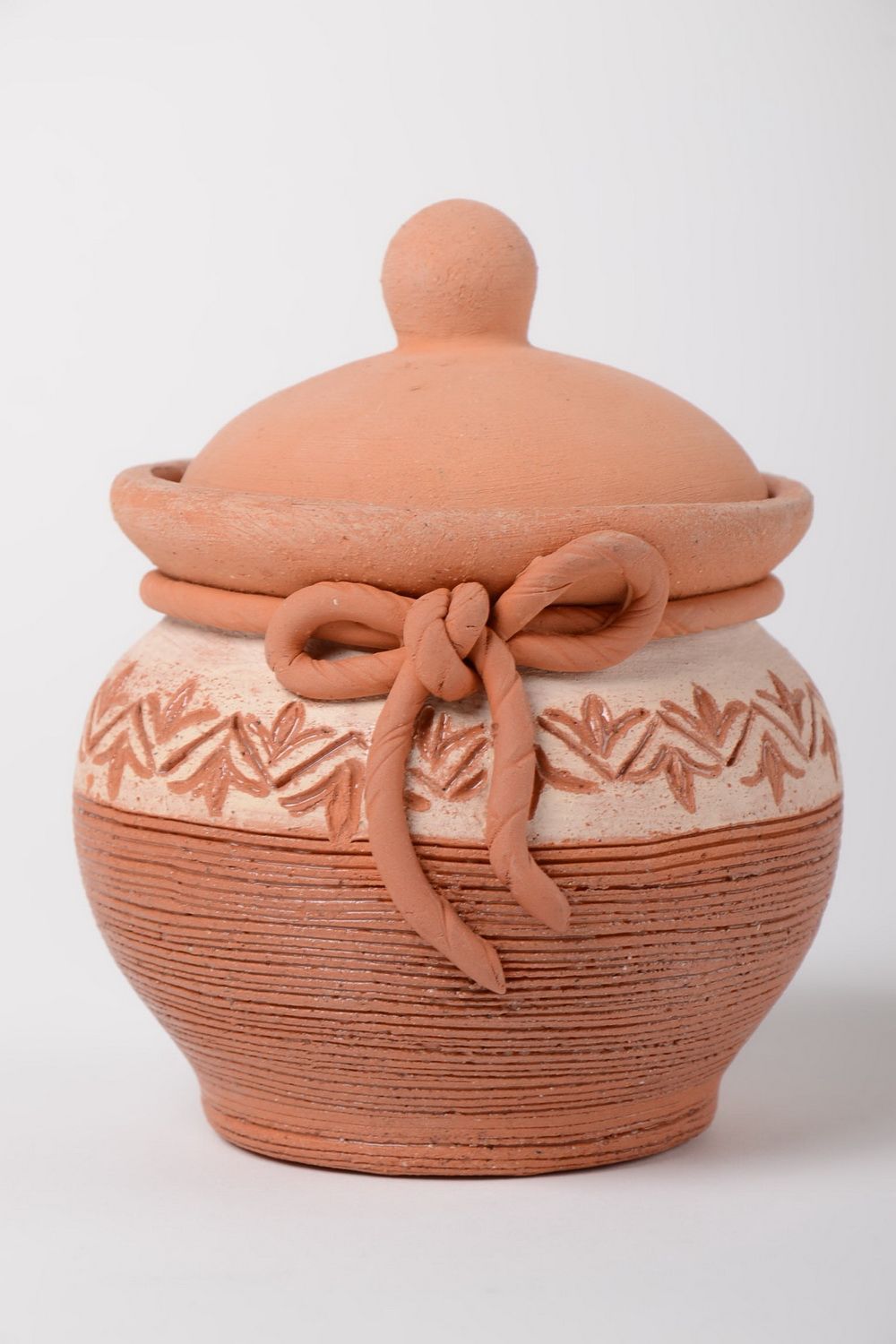 Pot à sucre avec couvercle en argile peint d'acrylique fait main décoré de noeud photo 2