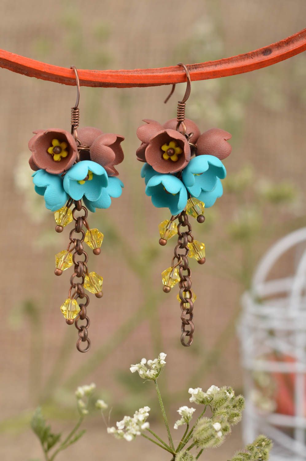 Beautiful homemade plastic earrings flower earrings on chains gifts for her photo 1