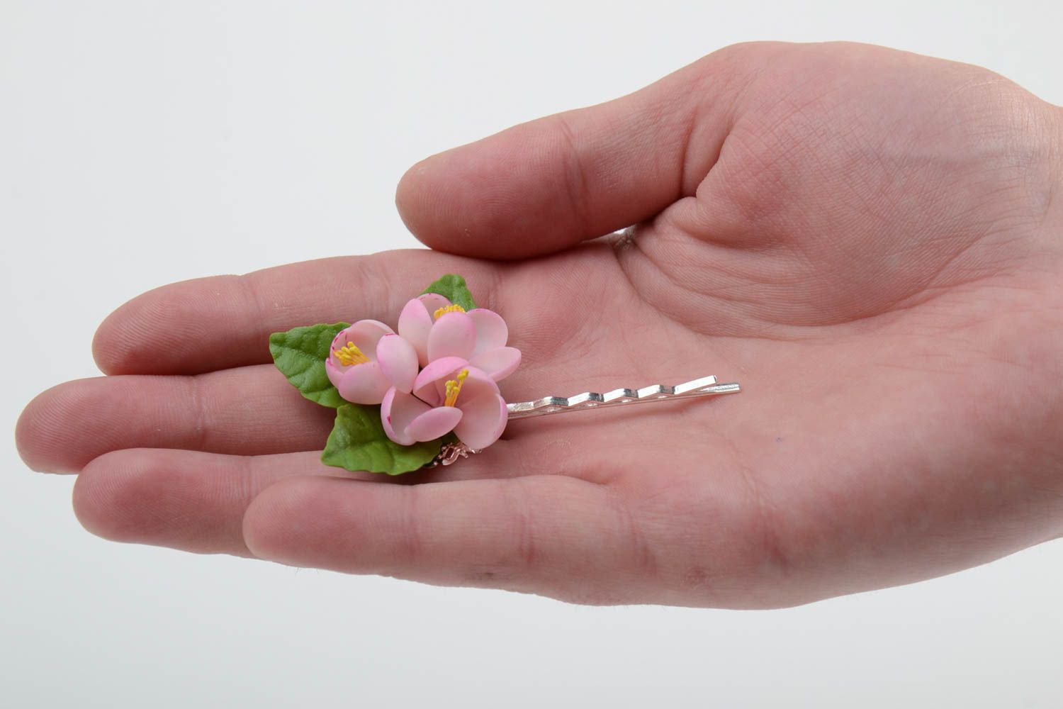 Handmade floral decorative metal hair pin with cold porcelain apple blossom  photo 2