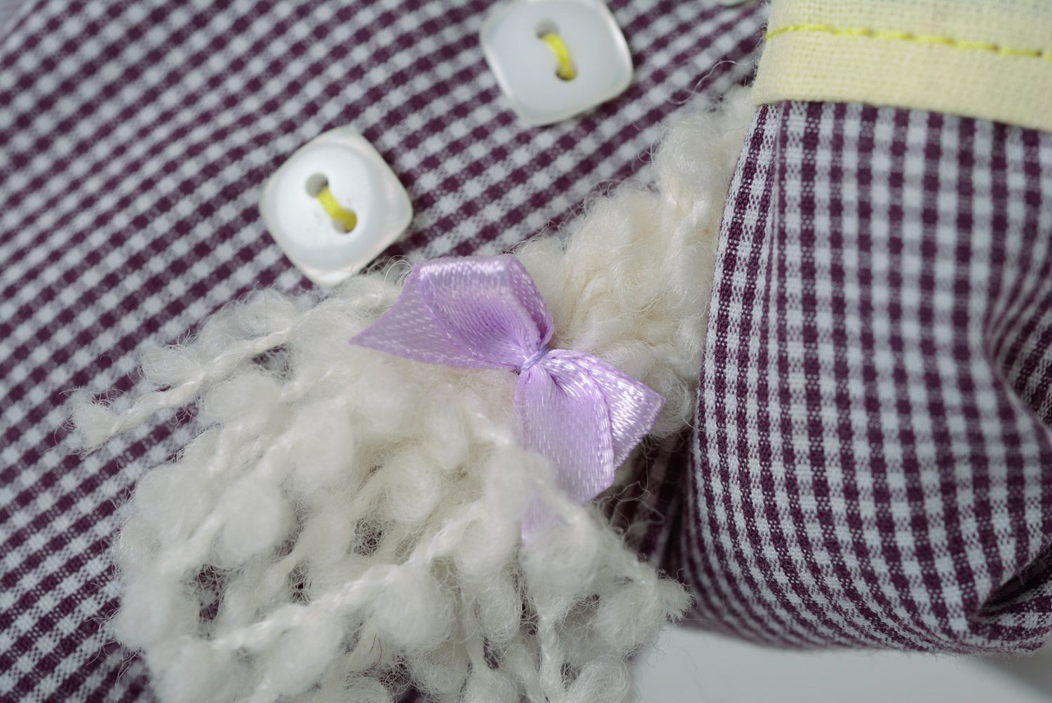 Handmade designer soft toy sewn of cotton in violet clothing for interior decor photo 5