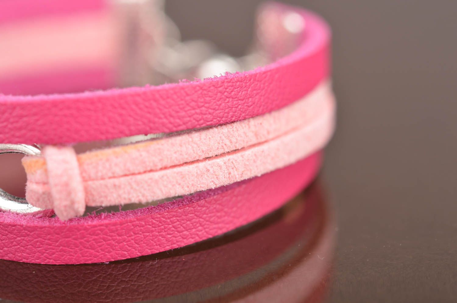 Handmade designer pink wide leather and suede bracelet with infinity sign photo 4