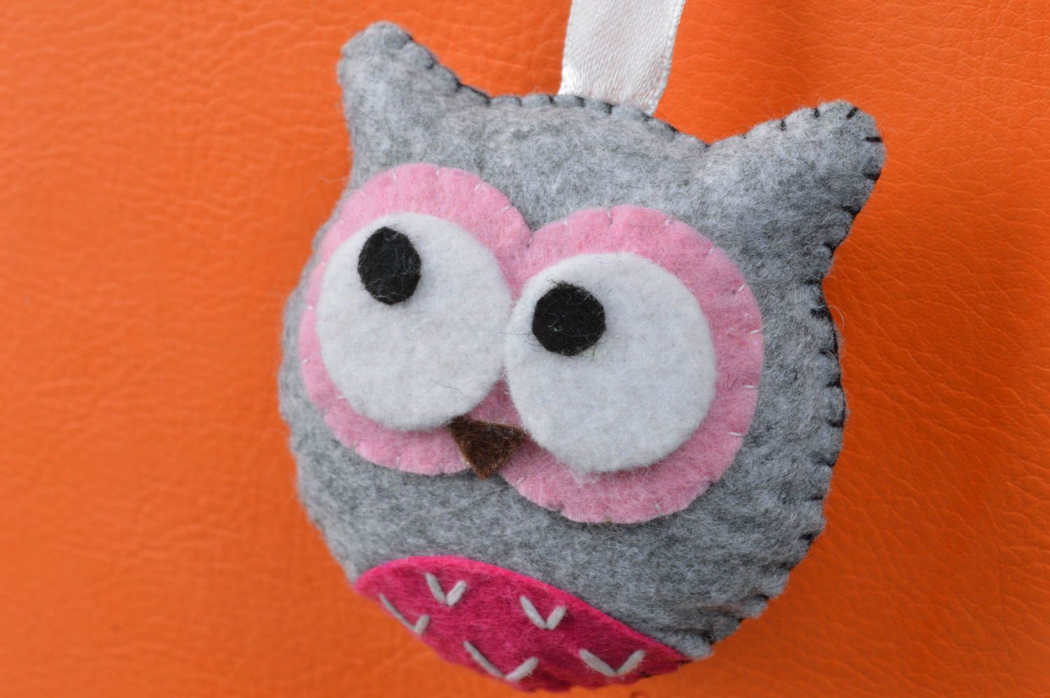 Handmade designer ribbon bookmark with gray felt toy owl charm with embroidery photo 3